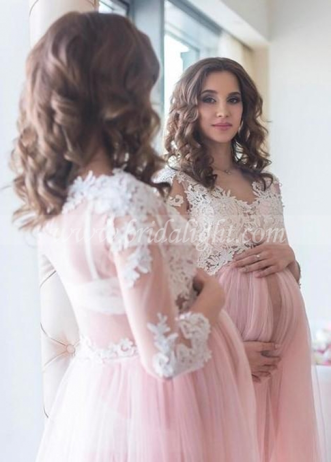 Blush Maternity Lace Dress for Photoshoot with Long Tulle Skirt