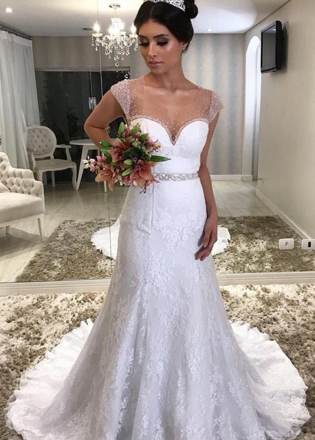 Beautiful Lace Brazilian Wedding Dress with Sheer Bead Neckline