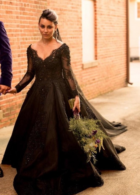 Beaded Lace Black Wedding Dresses Long Sleeves