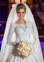 Beaded Lace Long Sleeves Wedding Dress with Satin Skirt