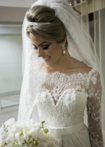 Beaded Lace Long Sleeves Wedding Dress with Satin Skirt