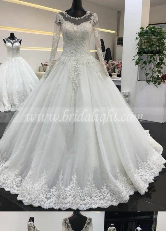 Beaded Lace Long Sleeves Wedding Dresses Tulle Skirt