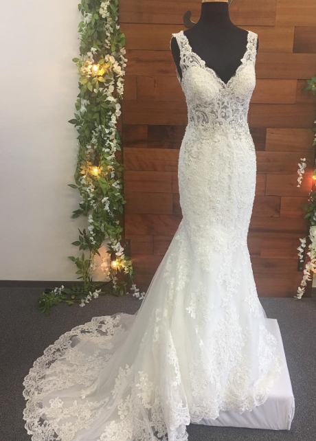 Beaded Appliques V-neck Ivory Wedding Gown