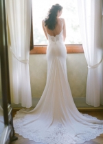 Beaded Appliques V-neck Sheath Destination Wedding Gown with Spaghetti Straps