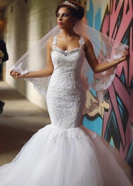 Beaded Lace Mermaid Bridal Dresses with Double Straps