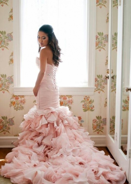 Blush Pink Organza Mermaid Wedding Gown Ruffles Skirt