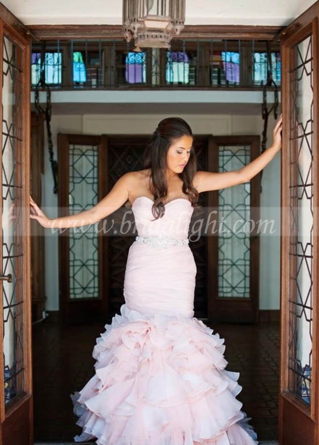 Blush Pink Organza Mermaid Wedding Gown Ruffles Skirt
