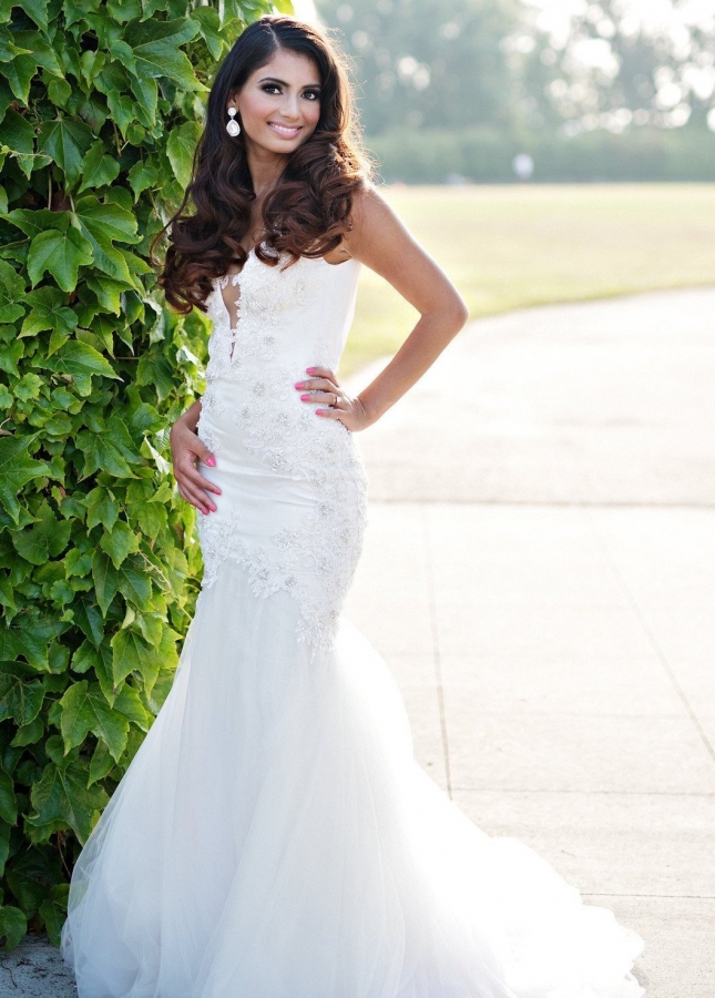 Beaded Lace Mermaid Wedding Gown with Plunging V Neckline