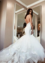 Backless Mermaid Wedding Gown Dress with Lace Cathedral Tulle Train