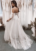 Boho Champagne Off the Shoulder Tulle Wedding Gown