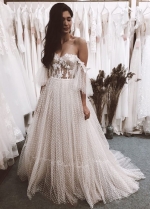 Boho Champagne Off the Shoulder Tulle Wedding Gown