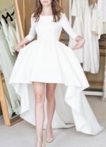 Boat Neck Satin High-Low Wedding Dresses with Sleeves