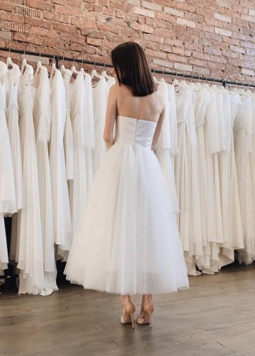 Backless Informal Bridal Gown with Tea-Length Tulle Skirt