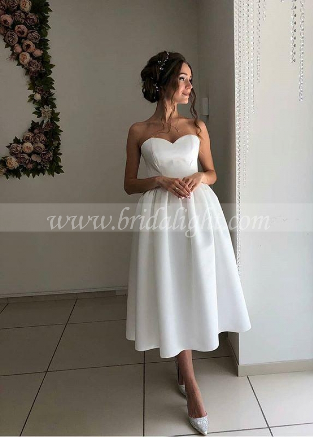 Bandeau Sweetheart Tea-length Bridal Dress for Casual Wedding