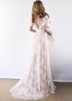 Boho Wedding Dress 2023 V Neck Short Sleeve Lace Beach Wedding Gown