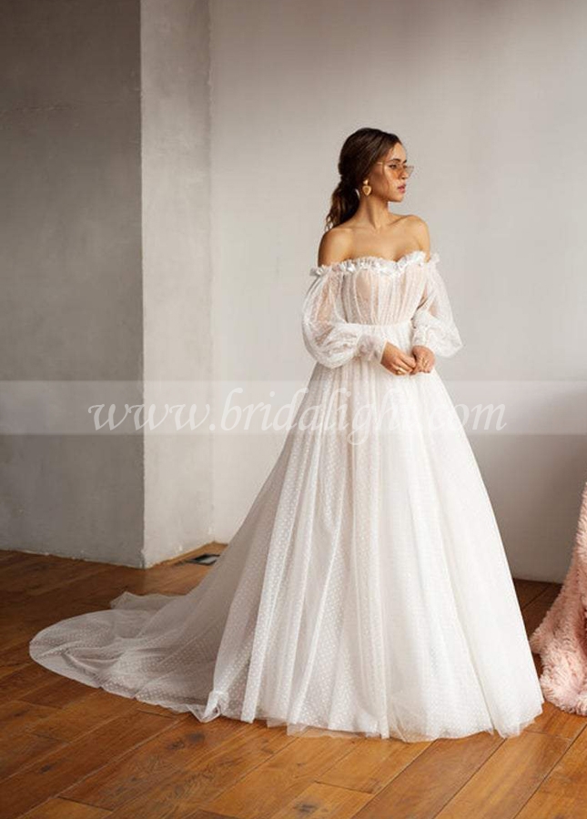 Bohemian Long Wedding Dresses Lovely Lace Points With Long lantern Sleeves Off Shoulder