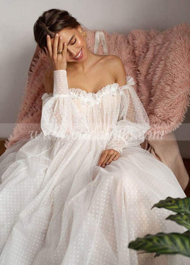 Bohemian Long Wedding Dresses Lovely Lace Points With Long lantern Sleeves Off Shoulder