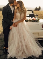 Bohemian Wedding Dresses Tulle Deep V Beads Backless Beach Boho Elegant Country Style Bridal Gowns Nude Dress