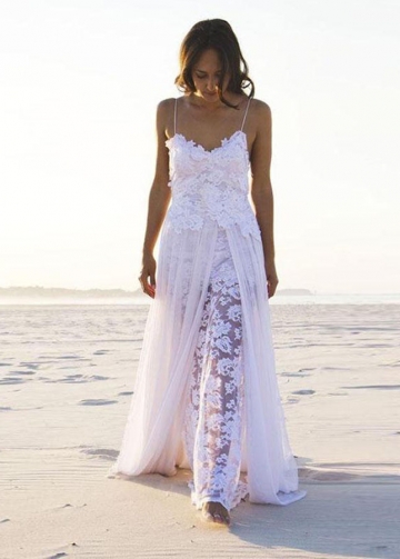 Plus6-30W Long Split Beach Wedding Dresses Sheer Neck Open Back Boho Bridal Gown 