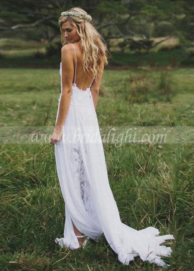 Beach Chiffon Backless Boho Wedding Gown Lace Bride Dress