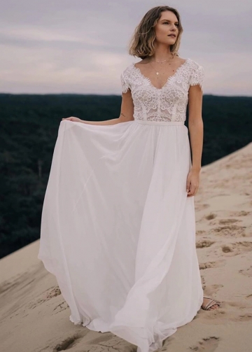 Boho See Through Lace Chiffon Wedding Dress Short Sleeves A Line Ivory Beach Bride Dress