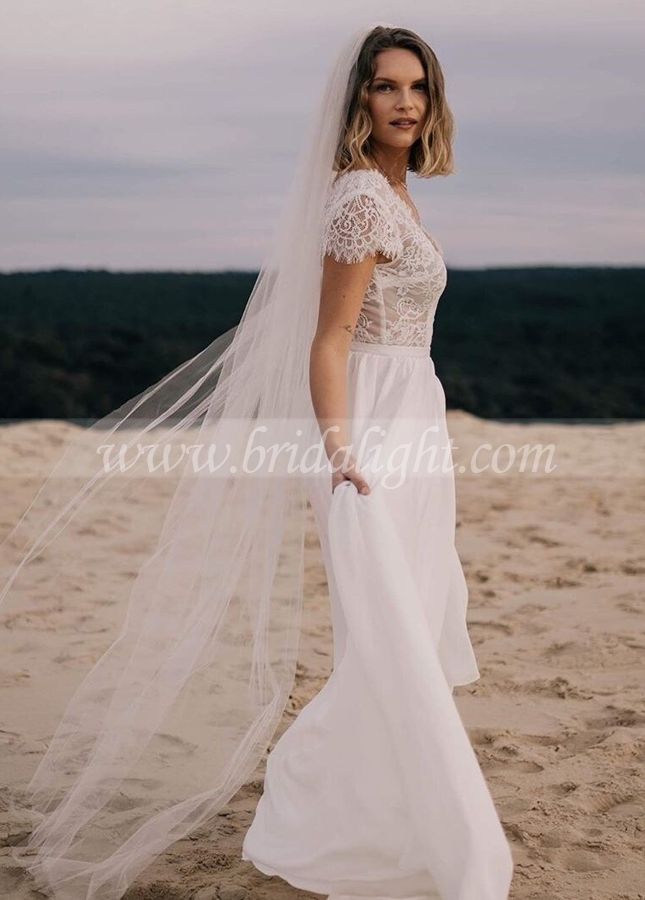 Boho See Through Lace Chiffon Wedding Dress Short Sleeves A Line Ivory Beach Bride Dress