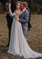Bohemian Wedding Dresses Long Sleeve Lace Chiffon Bridal Gowns