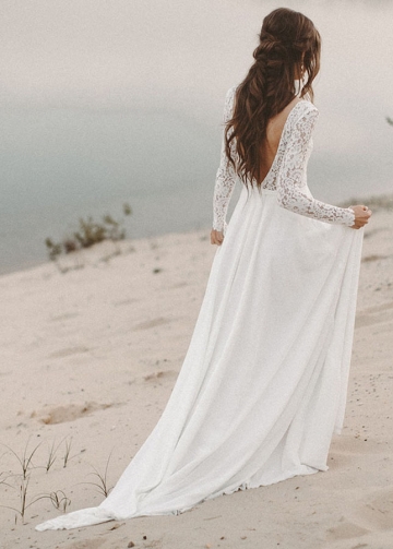 Beach Wedding Dress Long Sleeve Boho V Neck Open Back Bridal Dresses