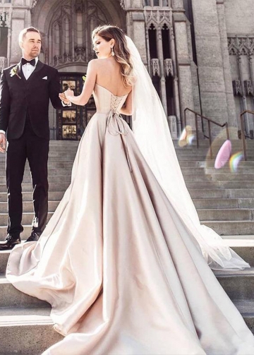 Blush Champagne Simple Wedding Dresses Sweetheart Satin A Line Bridal Gowns Elegant Vestido De Noivas Lace Up