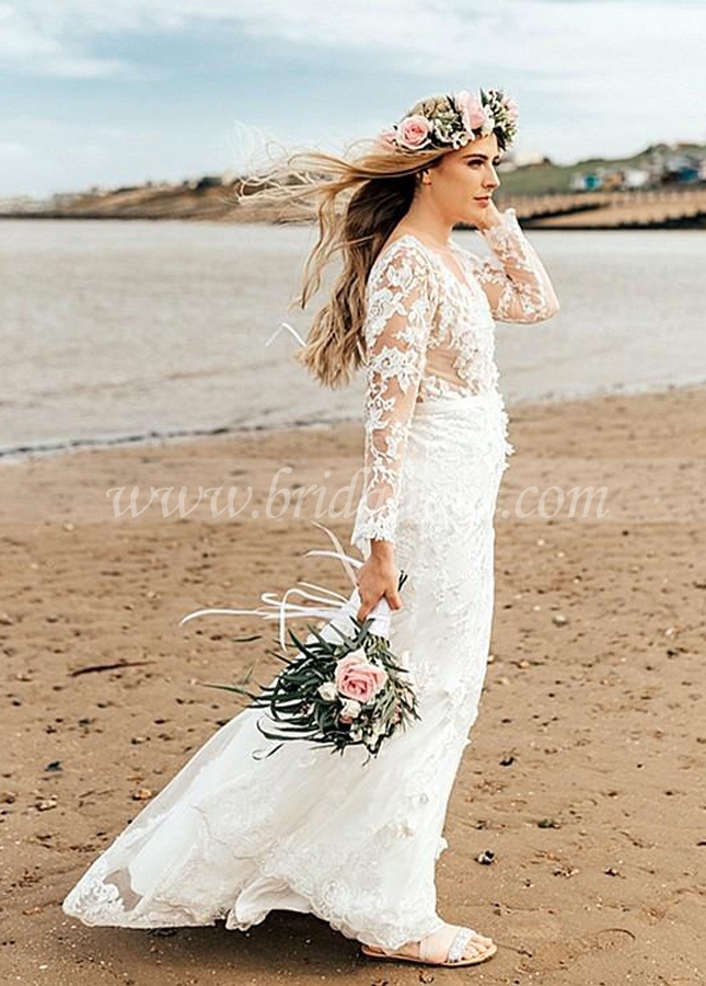 Bohemian Long Sleeves V Back Mermaid Lace Wedding Dresses