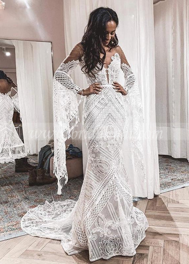 Bohemian Lace Wedding Dress Tassel Flare Sleeve