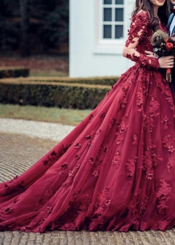 Burgundy Long Sleeves Modest Wedding Dresses