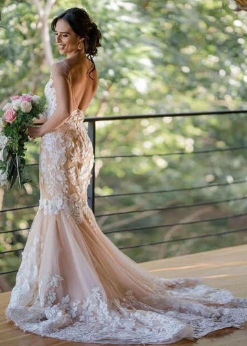Blush Champagne Mermaid Wedding Dresses Flower Lace Dreamy Bridal Gowns