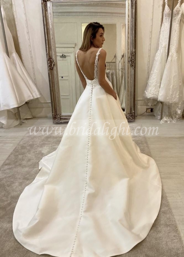 Chic Lace Satin Wedding Gown with Plunging Neckline