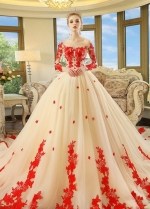 Champagne Long-sleeves Red Appliques Wedding Dresses with Royal Train