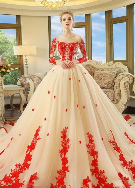 Champagne Long-sleeves Red Appliques Wedding Dresses with Royal Train