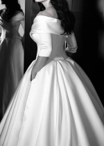 Classic Off the Shoulder Neckline Simple Satin Bridal Dress with Pockets