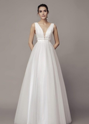 Chic V-neckline Wedding Gown with Dotted Tulle Skirt