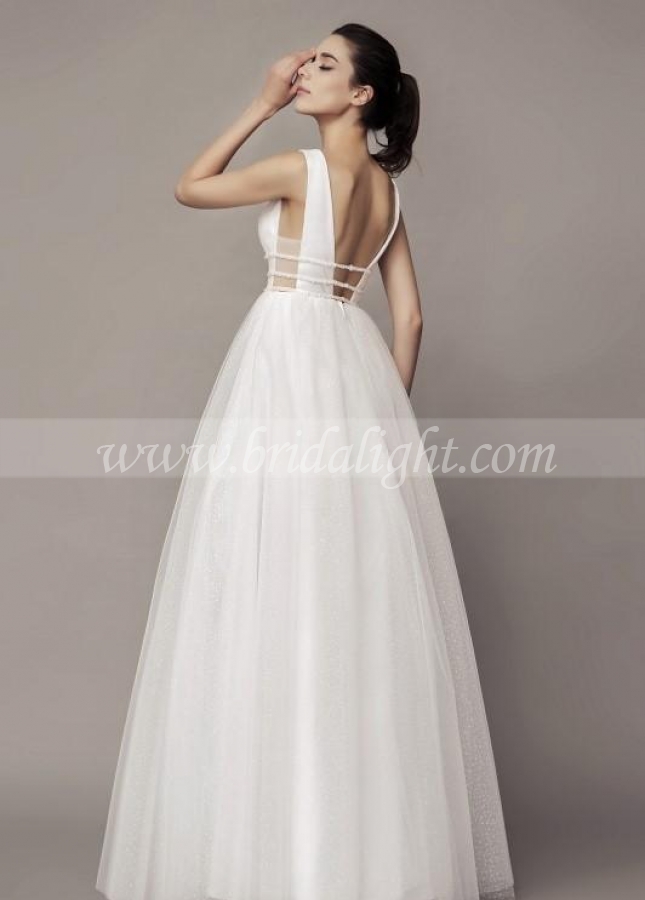 Chic V-neckline Wedding Gown with Dotted Tulle Skirt