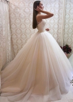 Crystals Ball Gown Illusion Neckline Bridal Dress with Sequin Tulle Skirt