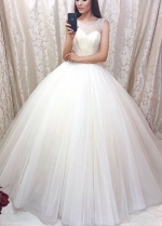 Crystals Ball Gown Illusion Neckline Bridal Dress with Sequin Tulle Skirt