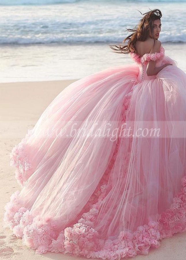 Castle Style Ruffled Flowers Tulle Pink Ball Gown Wedding Dresses