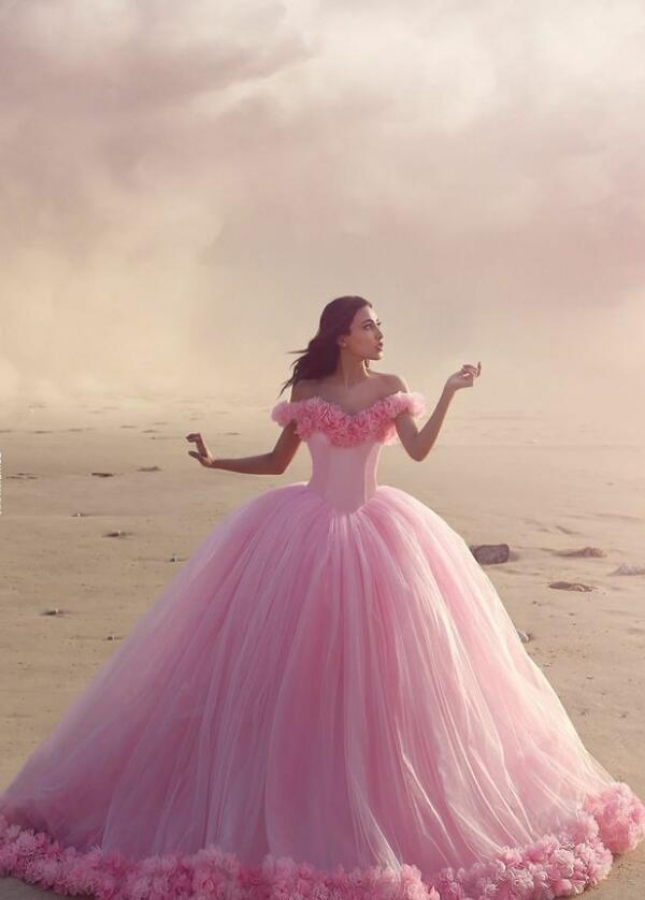 Castle Style Ruffled Flowers Tulle Pink Ball Gown Wedding Dresses