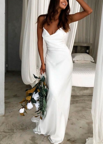 Cowl Neckline White Simple Wedding Gown with Thin Straps