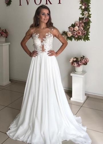 Chiffon Boho Bridal Gown with Sheer Lace Neckline