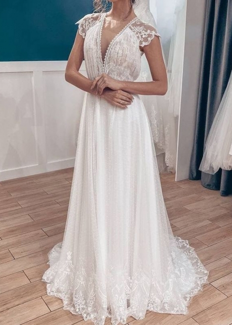 Casual Backyard Wedding Dresses with Cap Sleeves