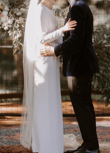 Column Long Sleeves Floor Length Soft Satin Bridal Gown with Cutout Back