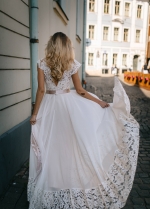 Chiffon Boho Wedding Dress with Lace Top and Hemline