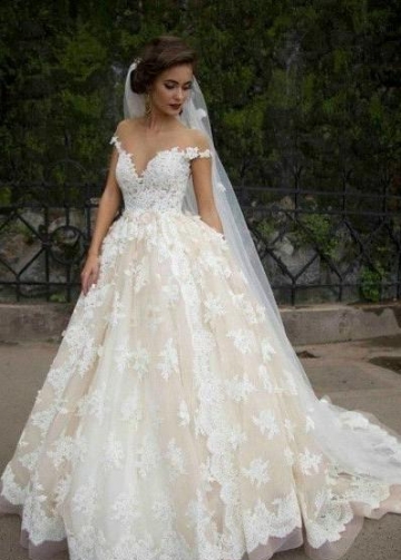 Cap Sleeves Lace Wedding Dress with Transparent Neckline