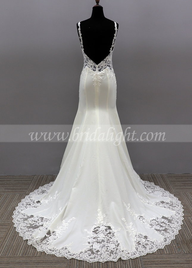 Chic V-neck Satin Wedding Gown Mermaid Style Skirt